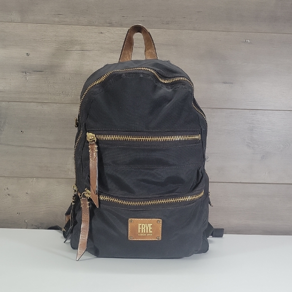 Frye Nylon Black and Brown Leather Trim Backpack with Gold Accents
